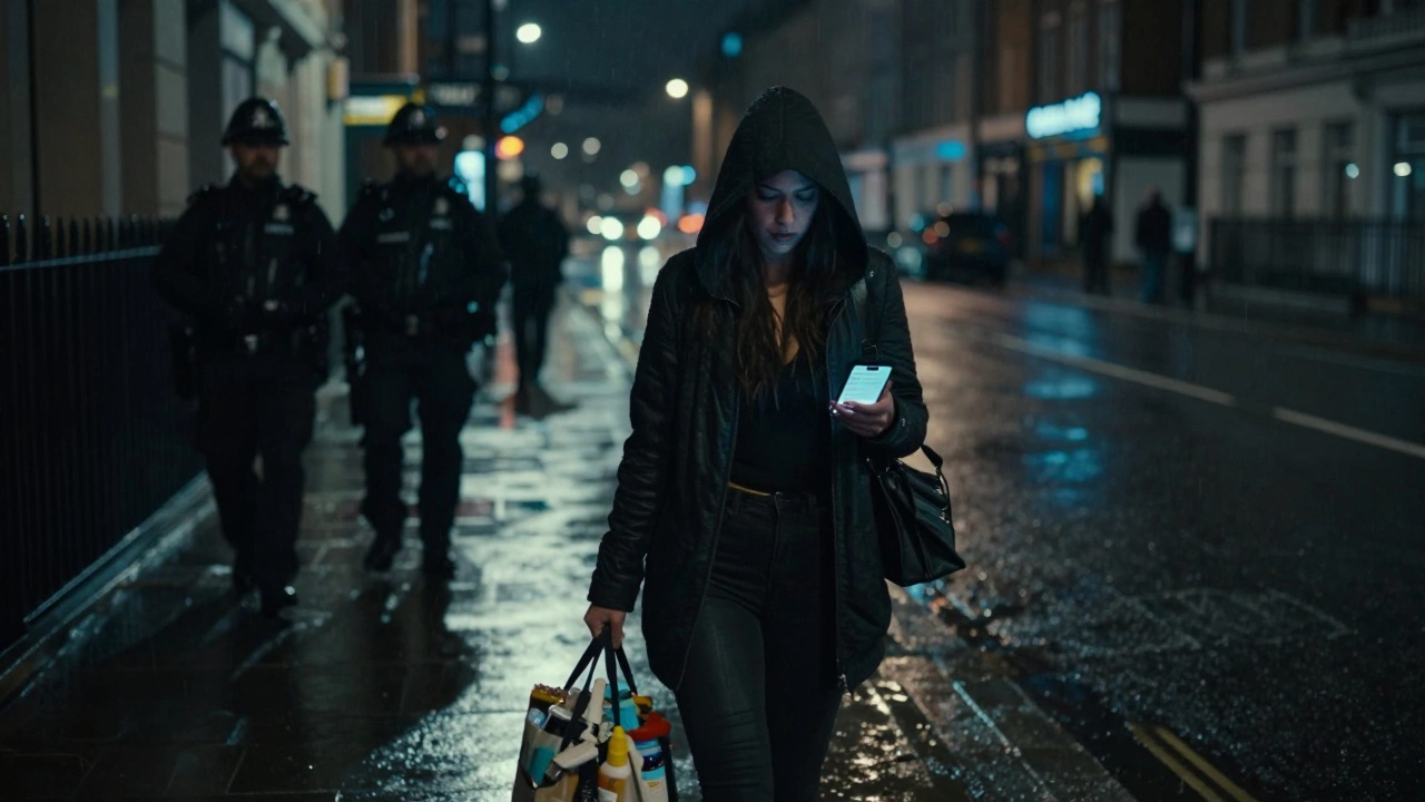 A sex worker walks alone at night on a rainy street, police blurred in distance, phone glowing with a client message.