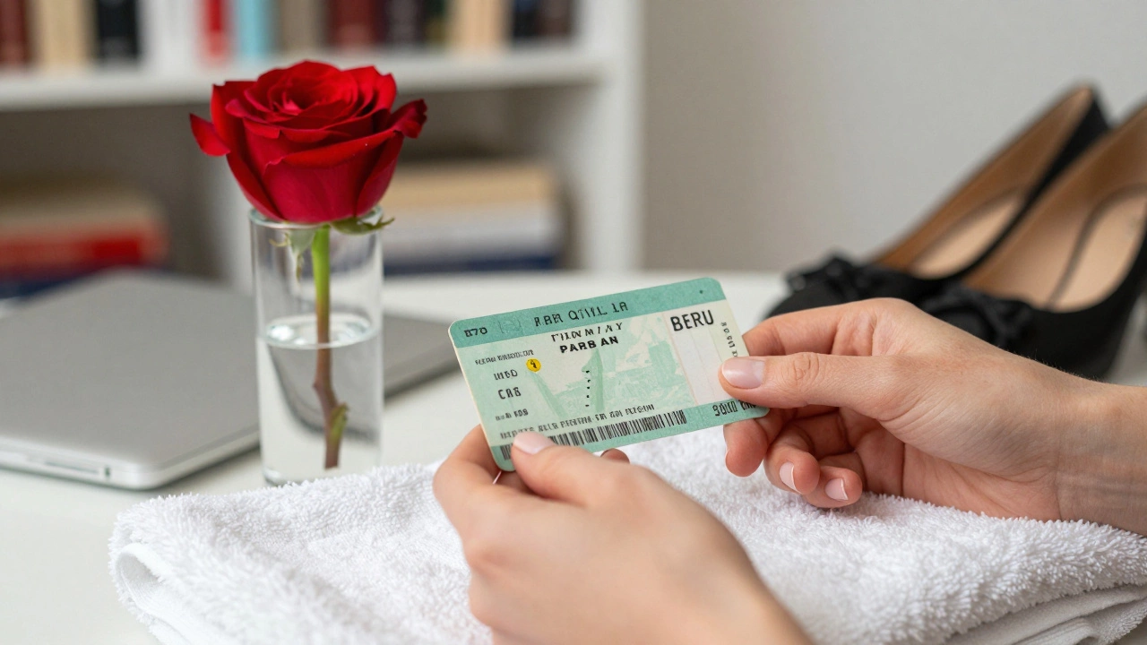 A woman’s hand holding a metro ticket beside a rose and towel, symbolizing dignity and preparation in companionship.