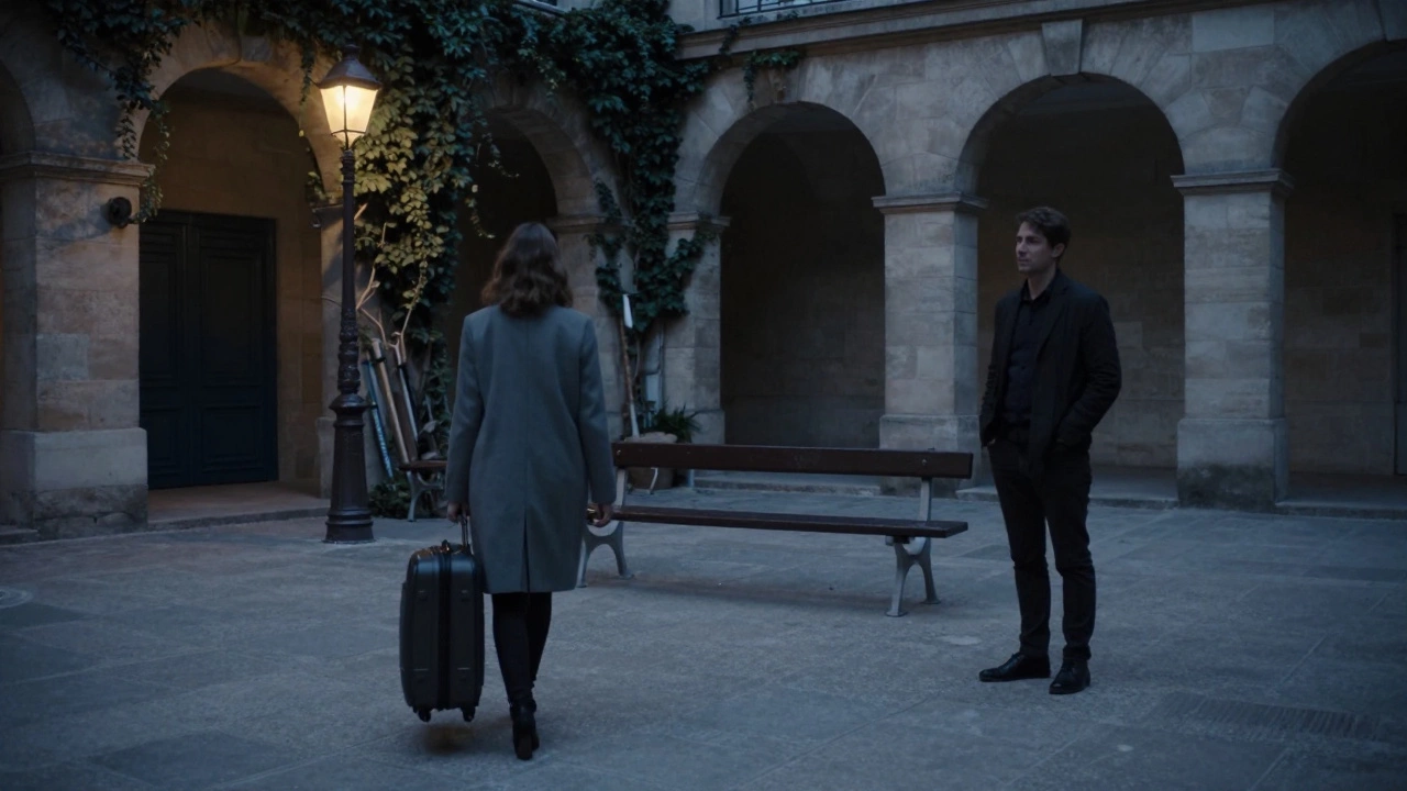 A woman walking away from a man in a Paris courtyard at twilight, both faces hidden, emphasizing privacy.